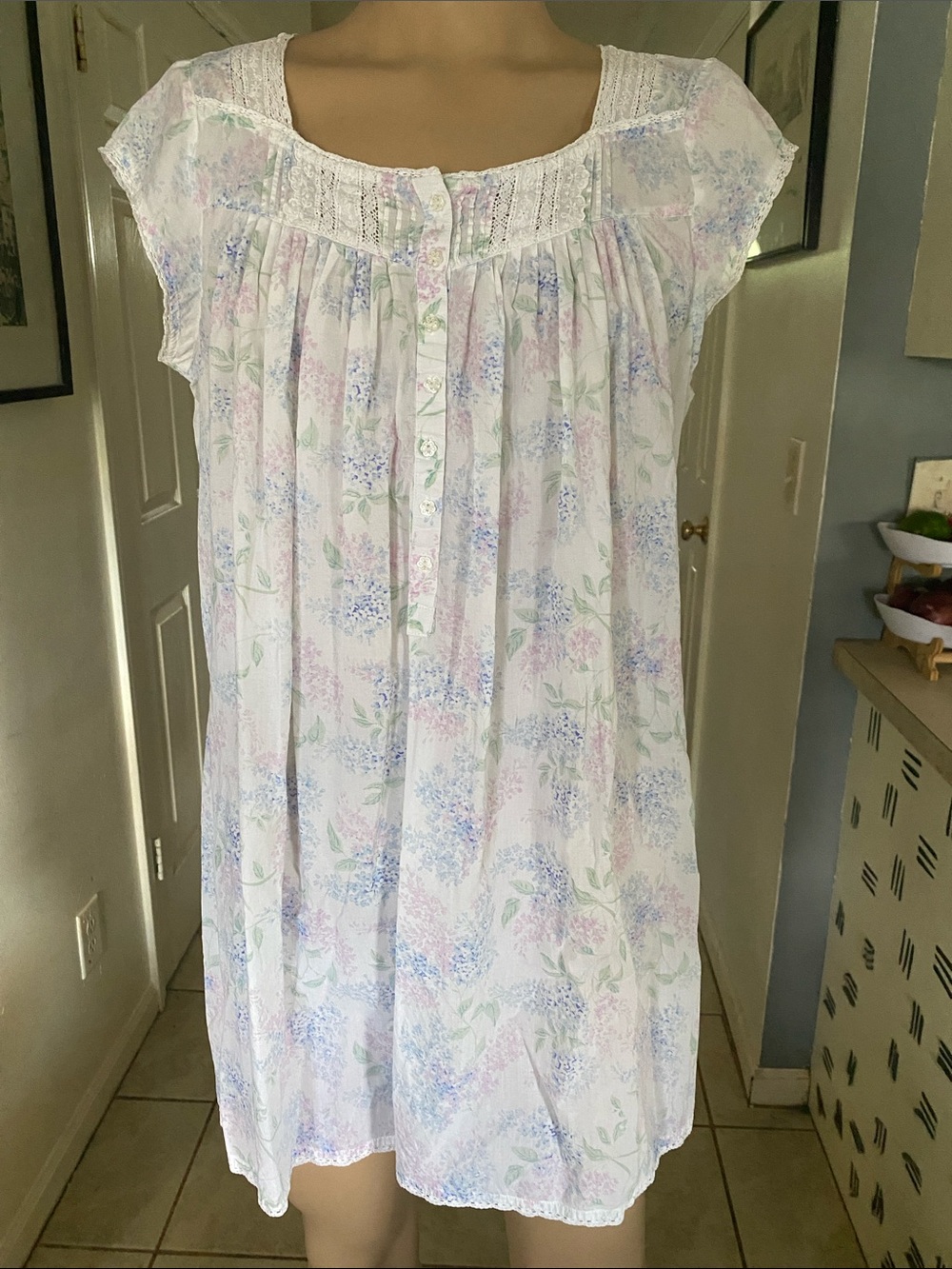 Eileen West White Nightgown with Pastel Floral Print
